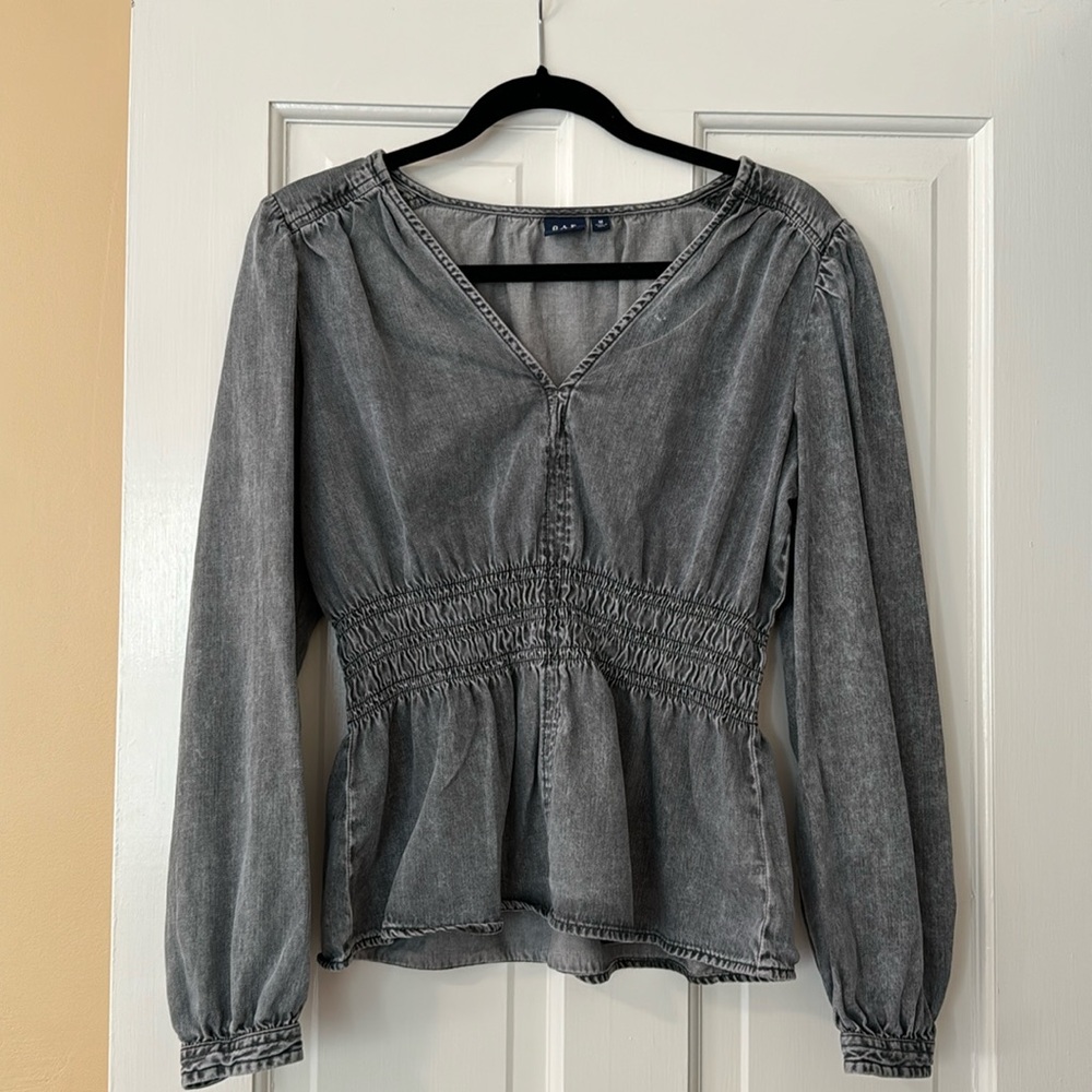 Puff Sleeve Denim Peplum Top